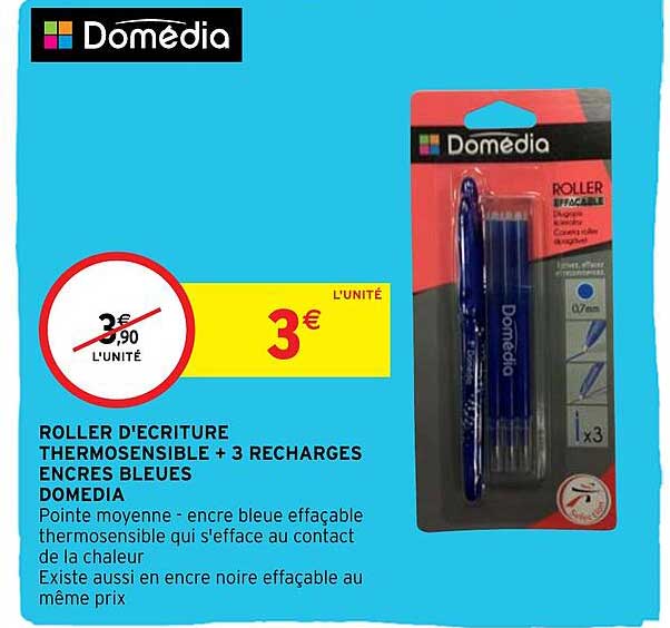 roller d'écriture thermosensible + 3 recharges encres bleues domedia