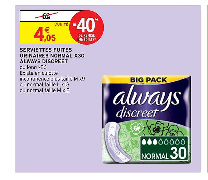 serviettes fuites urinaires normal x30 always discreet