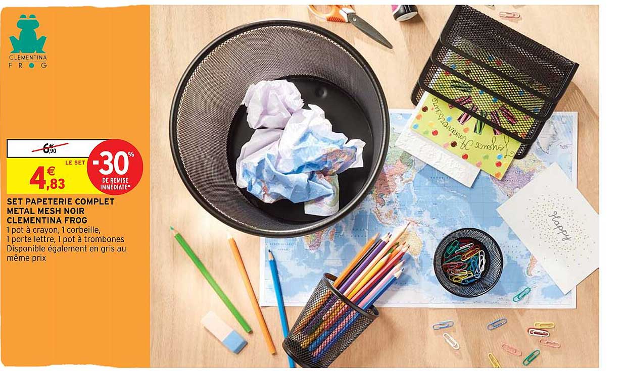 set papeterie complet metal mesh noir clementino frog