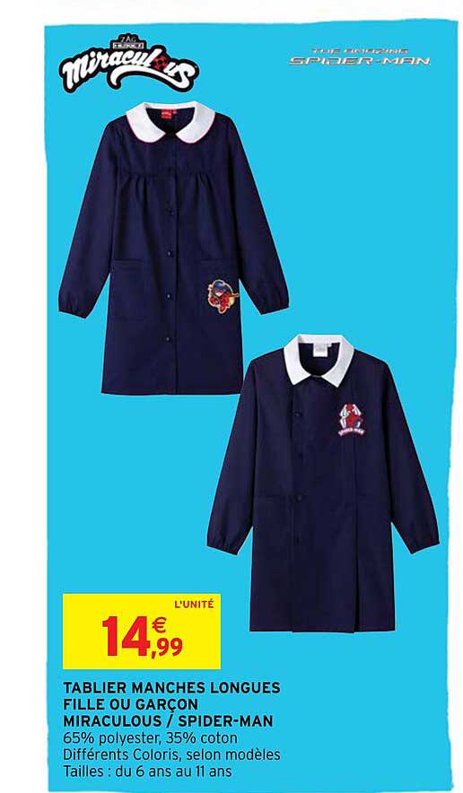 tablier manches longues fille ou garçon miraculous - spider-man