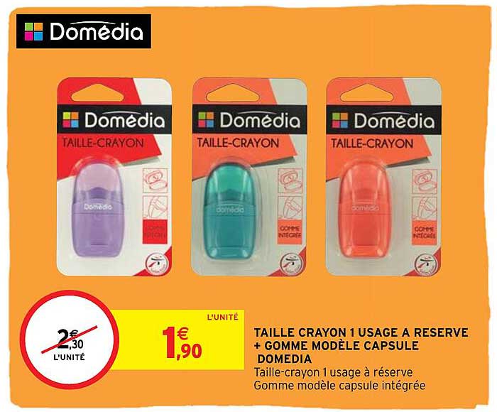 taille crayon 1 usage à réserve + gomme modèle capsule domédia