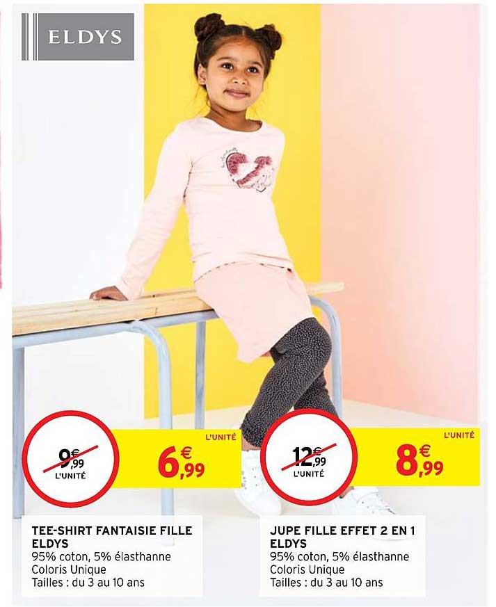 tee-shirt fantaisie fille eldys, jupe fille effet 2 en 1 eldys