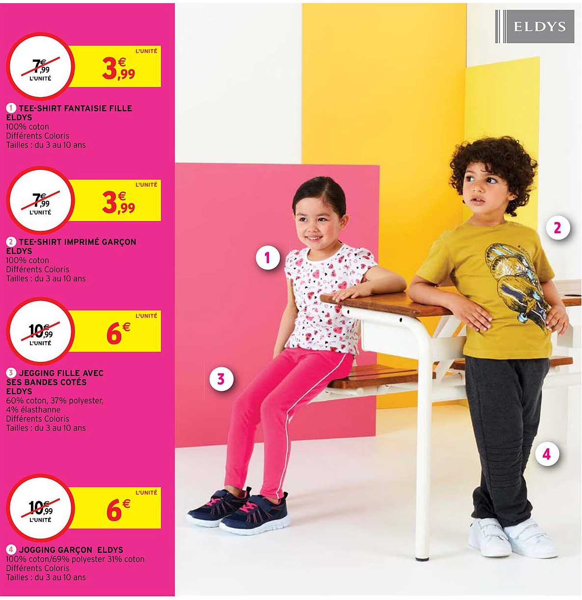 tee-shirt fantaisie fille eldys, tee-shirt imprimé garçon eldys, jegging fille avec ses bandes côtés eldys, jogging garçon eldys