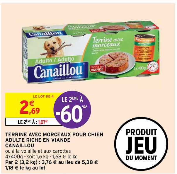 terrine avec morceaux pour chien adulte riche en viande canaillou
