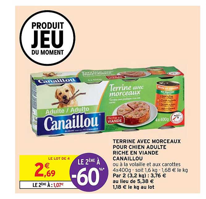 terrine avec morceaux pour chien adulte riche en viande canaillou