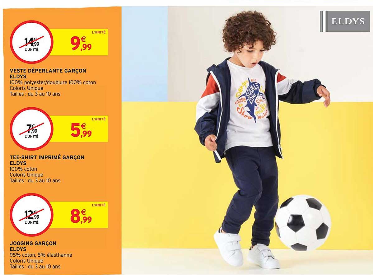 veste déperlante garçon eldys, tee-shirt imprimé garçon eldys, jogging garçon eldys