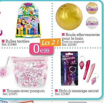 bulles tactiles, trousse avec pompon, boule effervescente pour le bain, stylo à message secret