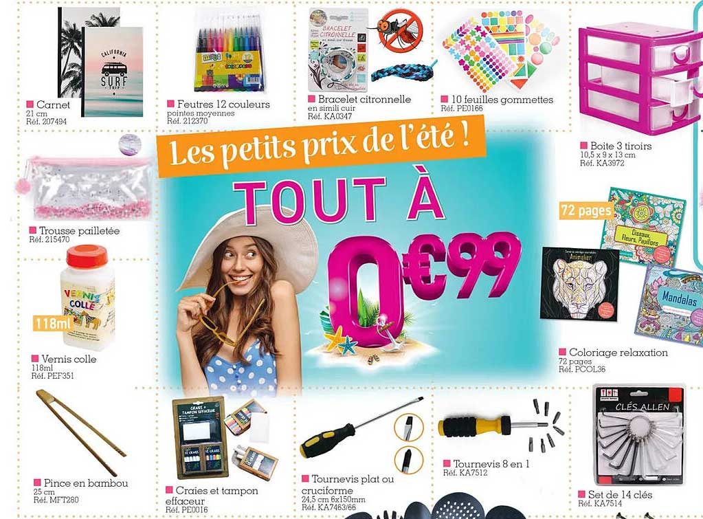 carnet 21 cm, trousse pailletée, vernis colle, pince en bambou, craies et tampon effaceur, tournevis ou cruciforme, tournevis 8 en 1, set de 14 clés, coloriage relaxation, boîte 3 tiroirs , feutres