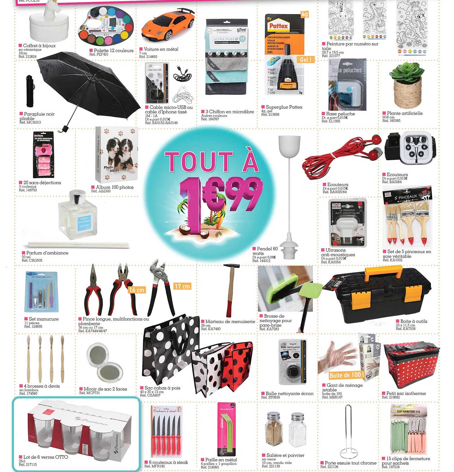 coffret à bijoux, parapluie noir pliable, 20 sacs déjections, parfum d'ambiance, set manicure, 4 brosse à dents, lot de 6 verres otto, palette 12 couleurs, voiture en métal, câble micro USB