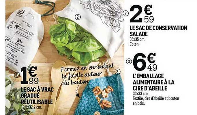 le sac à vrac gradué réutilisable, le sac de conservation salade, l'emballage alimentaire à la cire d'abeille