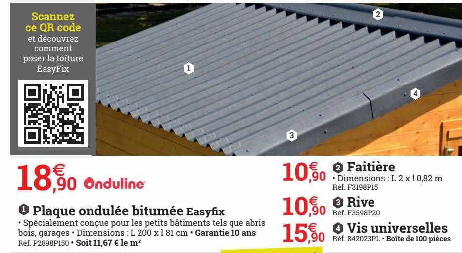 plaque ondulée bitumée easyfix, faitière, rive, vis universelles