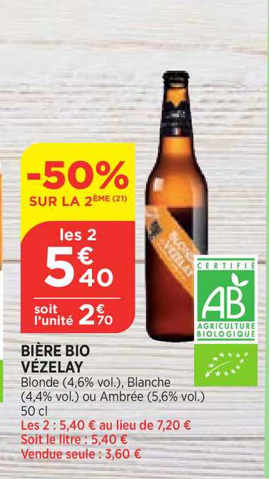 bière bio vézélay -50% sur le 2e
