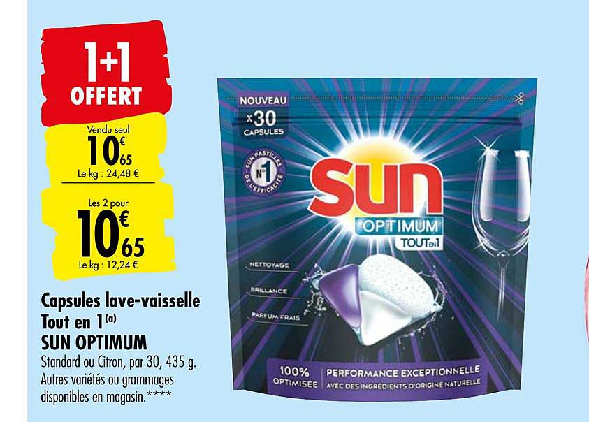 capsules lave vaisselle tout en 1 sun optimum 1+1 offert