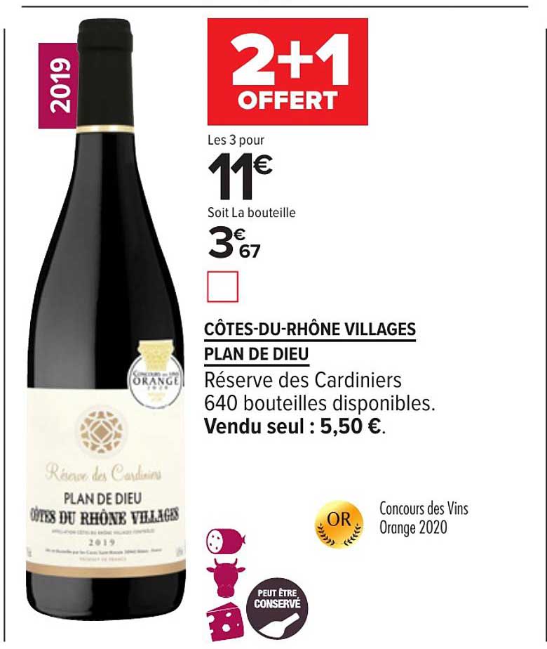 côtes du rhône villages plan de dieu réserve des cardiniers 2+1 offert