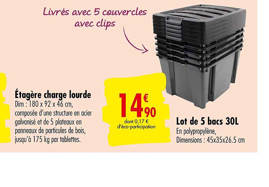 étagère Charge Lourde Lot De 5 Bacs 30l