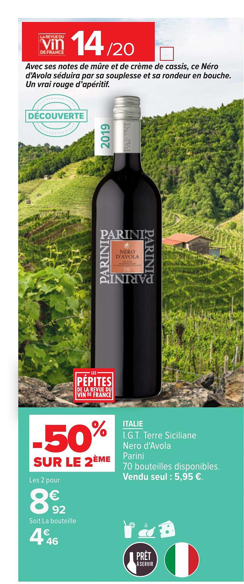 italie i.g.t. terre siciliane nero d'avala parini -50% sur le 2ème