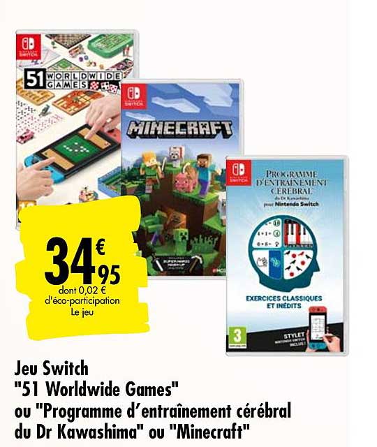 jeu switch 51 worldwide games ou programme d'entraînement cérébral du dr kawashima ou minekraft