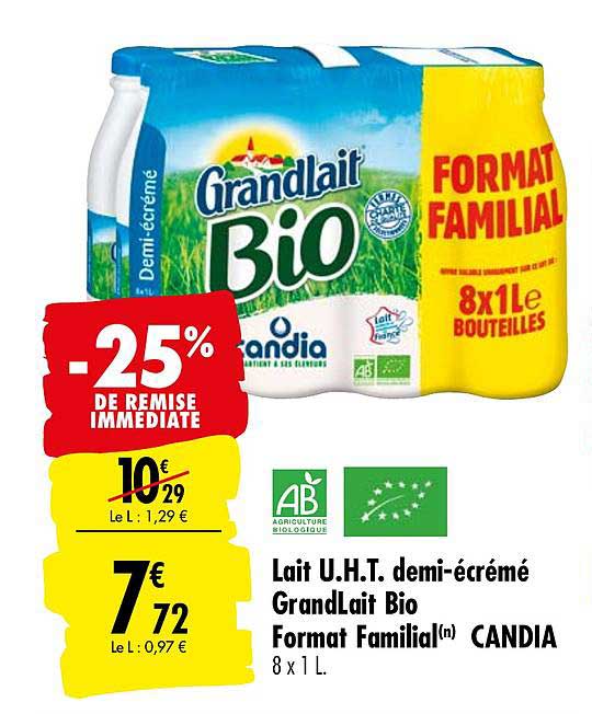 lait u.h.t. demi écrémé grandlait bio format familial candia -25% remise immédiate