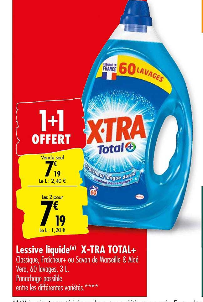 lessive liquide x tra total+ 1+1 offert