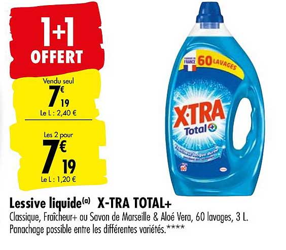 lessive liquide x tra total+ 1+1 offert