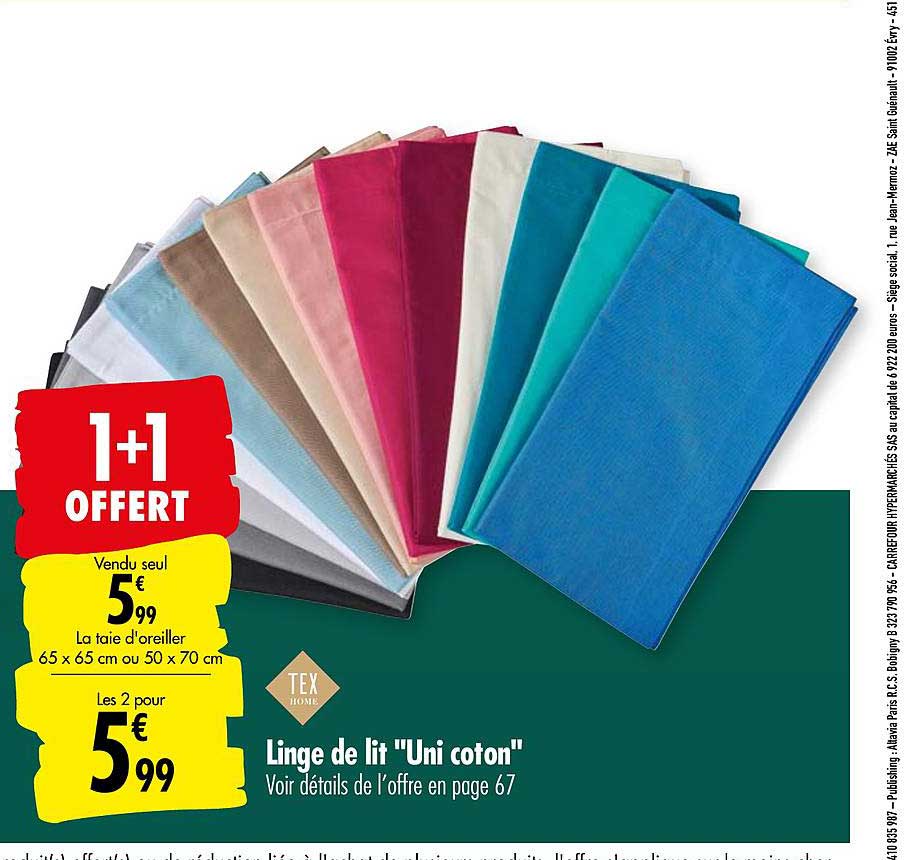 Linge De Lit Uni Coton Tex 1+1 Offert