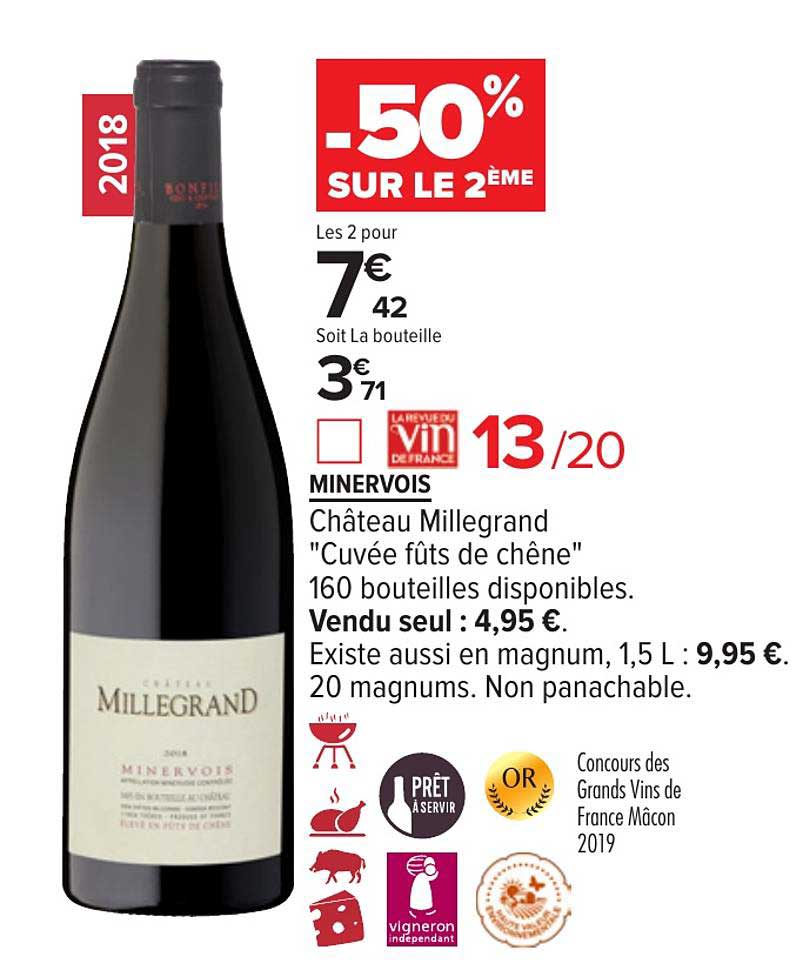 minervois château millegrand cuvée fûts de chêne -50% sur le 2ème