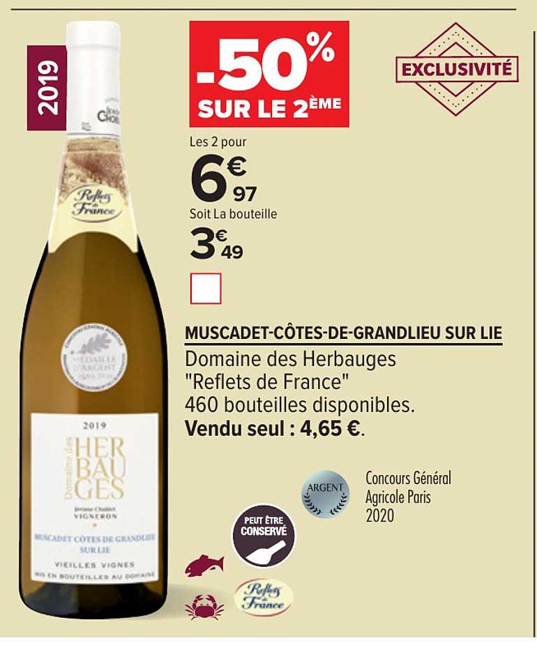 muscadet côtes de grandlieu sur lie domaine des herbauges reflets de france -50% sur le 2ème