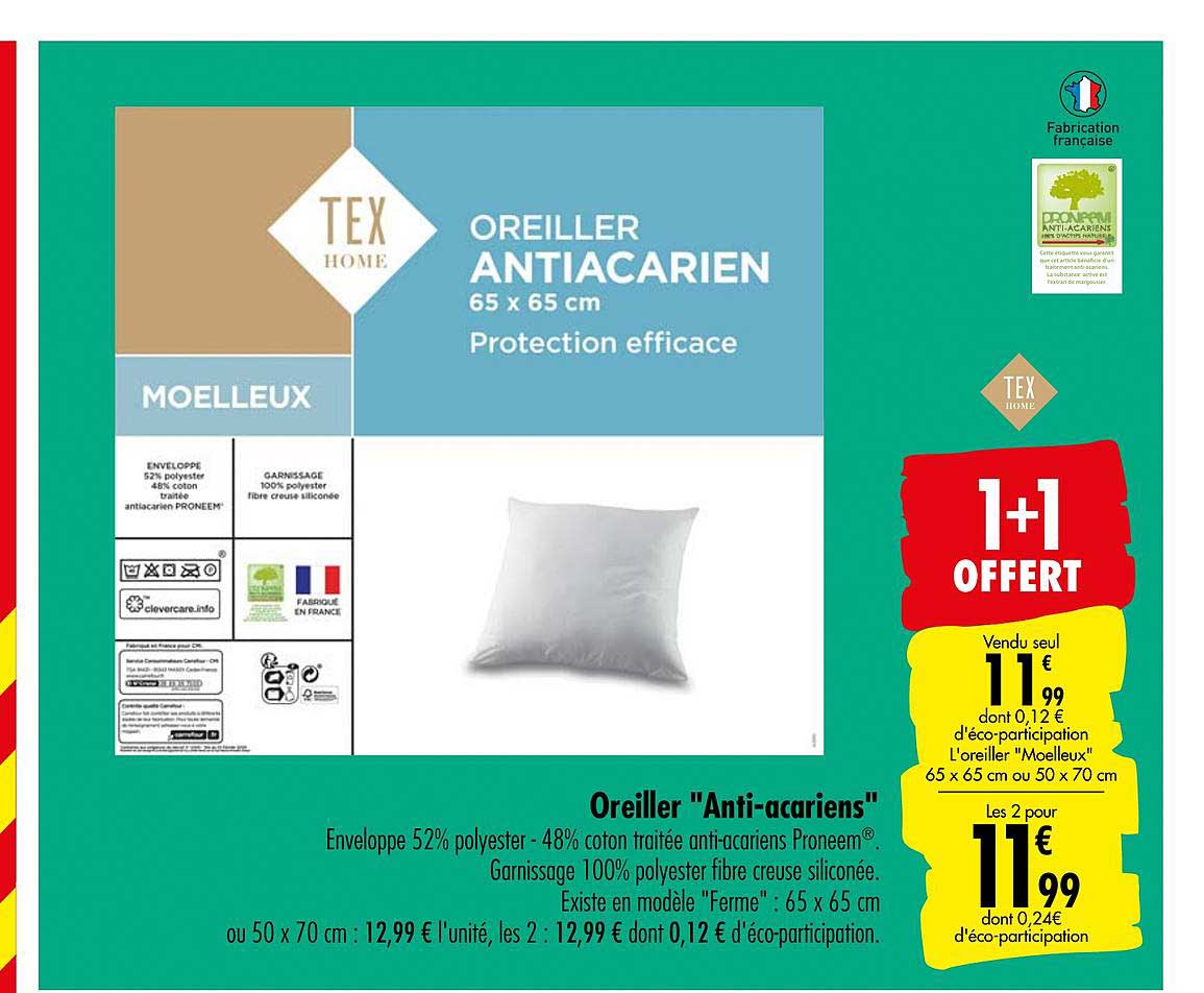 oreiller anti acariens 1+1 offert
