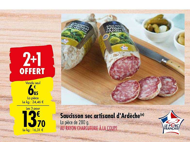 saucisson sec artisanal d'ardèche 2+1 offert