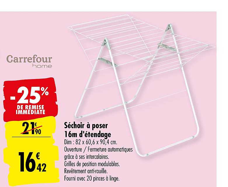 séchoir à poser 16m d'étendage carrefour home -25% remise immédiate