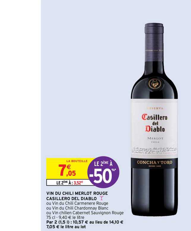 vin du chili merlot rouge casillero de diablo le 2ème à -50%