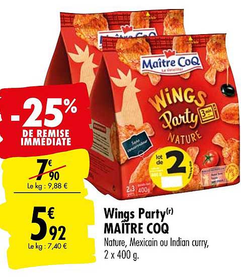 wings party maître coq -25% remise immédiate