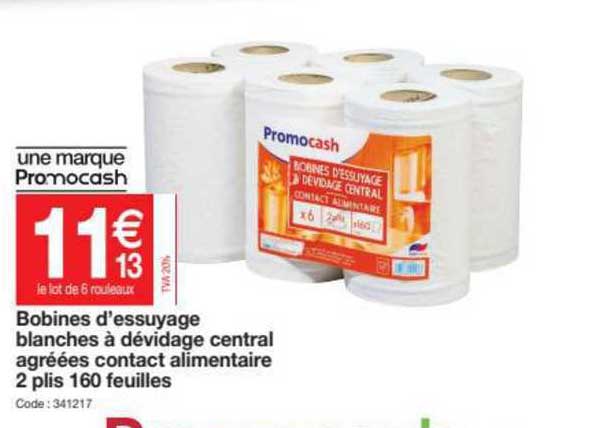 bobines d'essuyage blanches à dévidage central agréées contact alimentaire 2 plis 160 feuilles