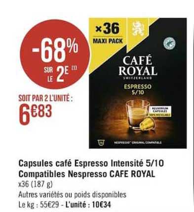 capsules café espresso intensité 5-10 compatibles nespresso café royal