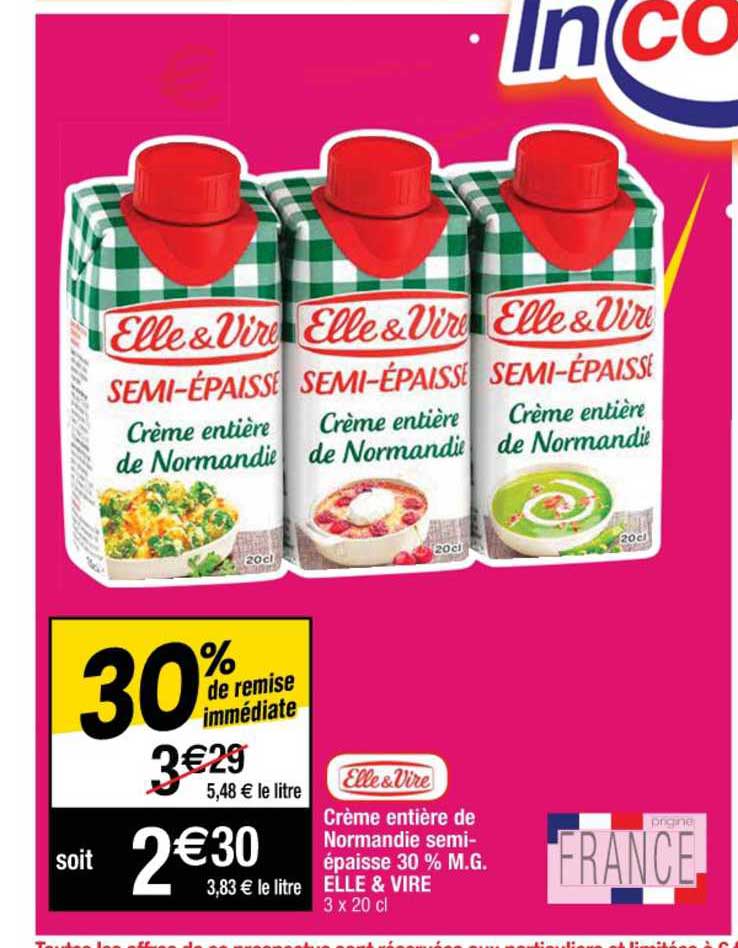 crème entière de normandie semi-épaisse 30% m.g. elle & vire