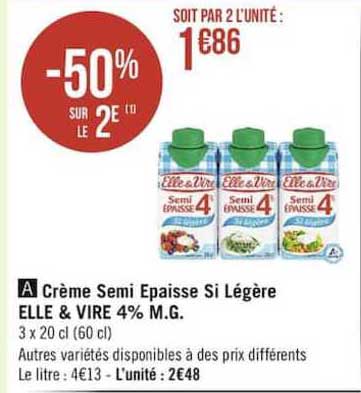 crème semi épaisse si légère elle & vire 4% m.g.