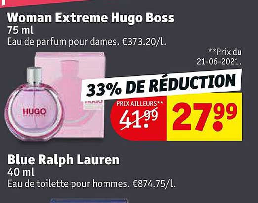 eau de parfum pour dames woman extreme hugo boss, eau de toilette pour hommes blue ralph lauren