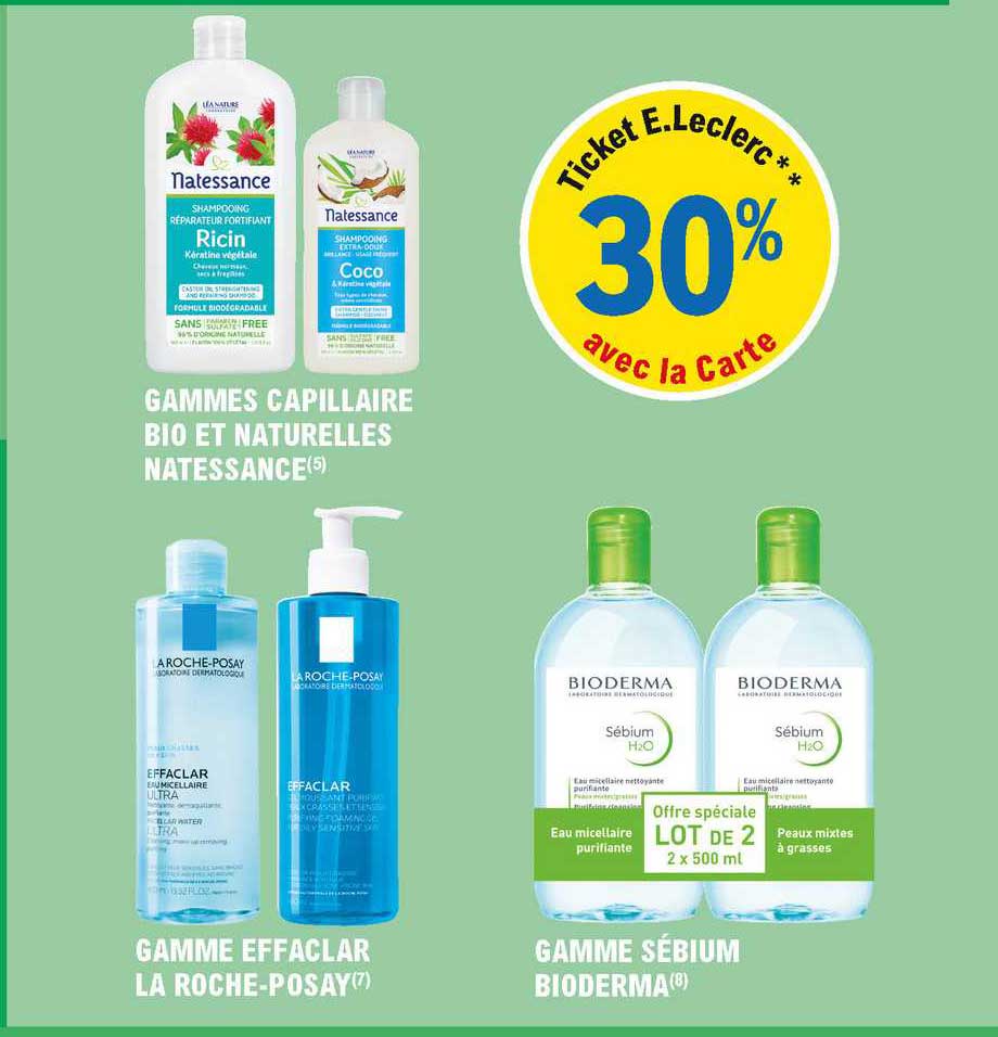 gamme capillaire bio et naturelles natessance, gamme effaclar la roche-posay, gamme sébium bioderma