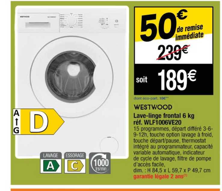 lave-linge frontal 6 kg westwood réf. wlf1006ve20