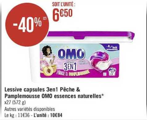 lessive capsules 3 en 1 pêche & pamplemousse omo essences naturelles