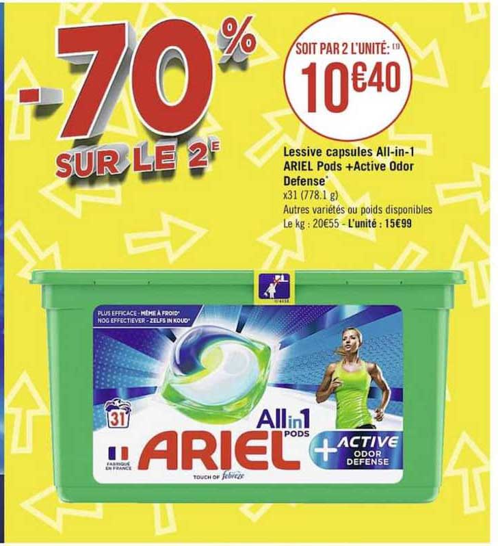 lessive capsules all-in-1 ariel pods + active odor defense