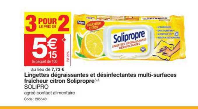 lingettes dégraissantes et désinfectantes multi-surfaces fraîcheur citron solipropre solipro