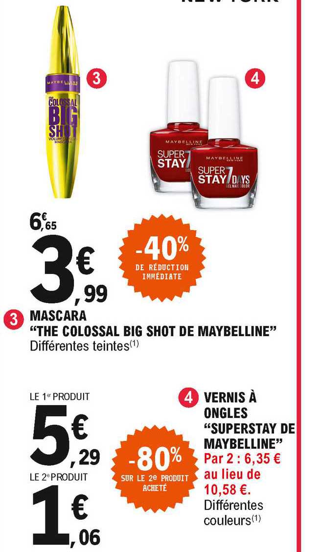 mascara "the colossal big shot de maybelline", vernis à ongles "superstay de maybelline"