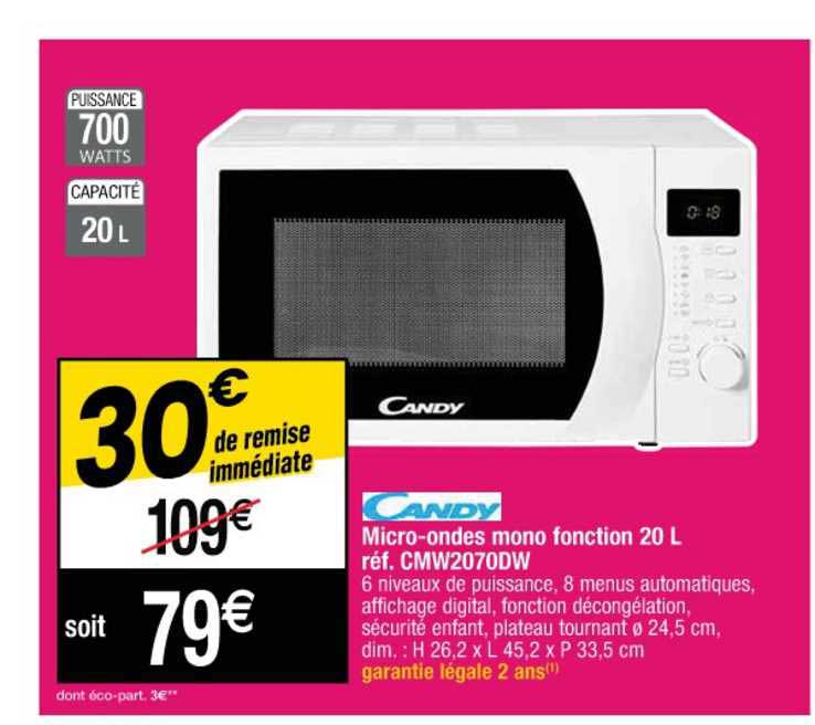 micro-ondes mono fonction 20 l candy réf. cmw2070dw