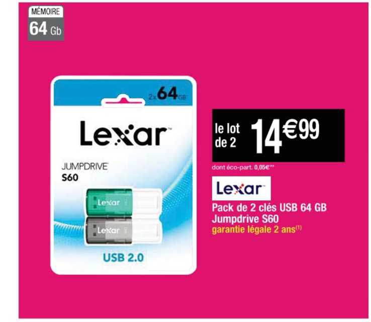pack de 2 clés usb 64 gb jumpdrive s60 lexar