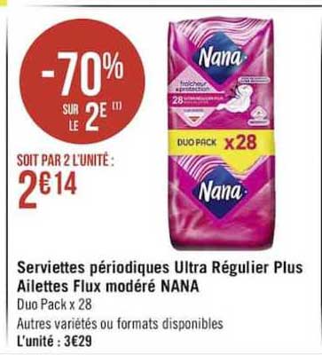 serviettes périodiques ultra régulier plus ailettes flux modéré nana