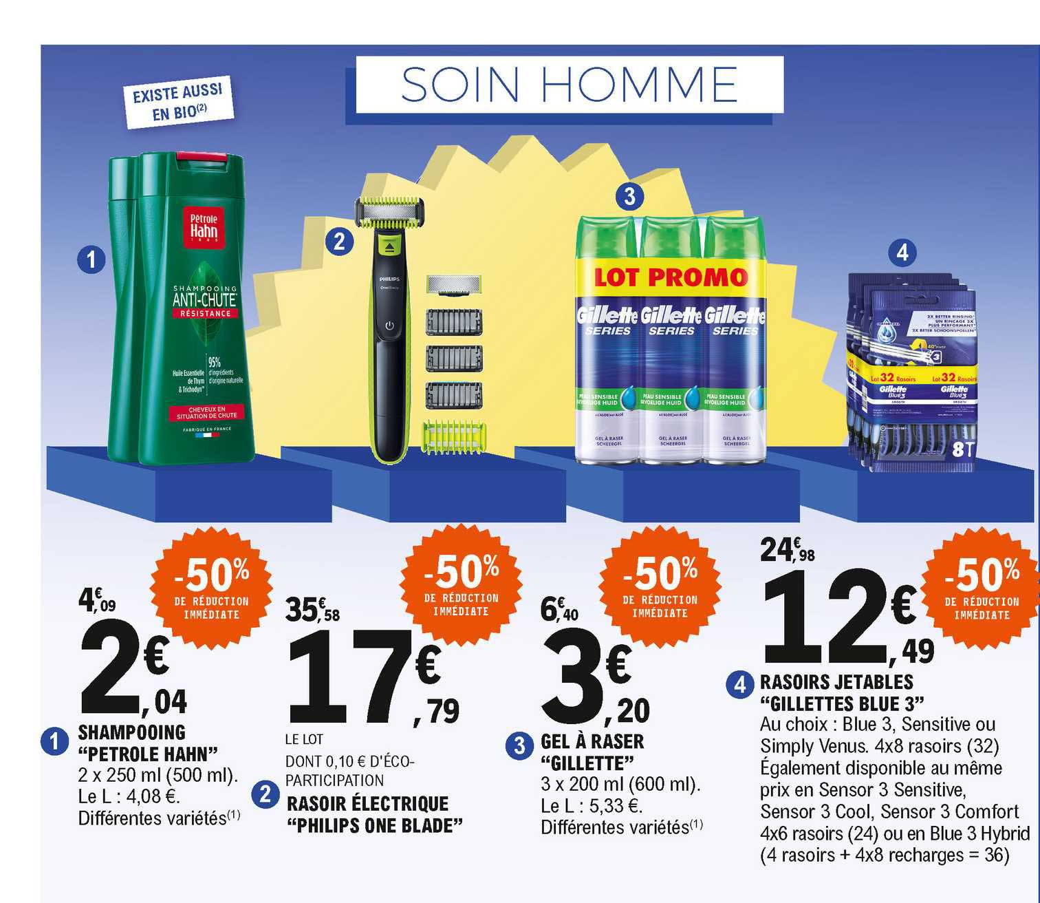shampooing "pétrole hahn", rasoir électrique "philips one blade", gel à raser "gillette", rasoirs jetables "gillettes blue 3"