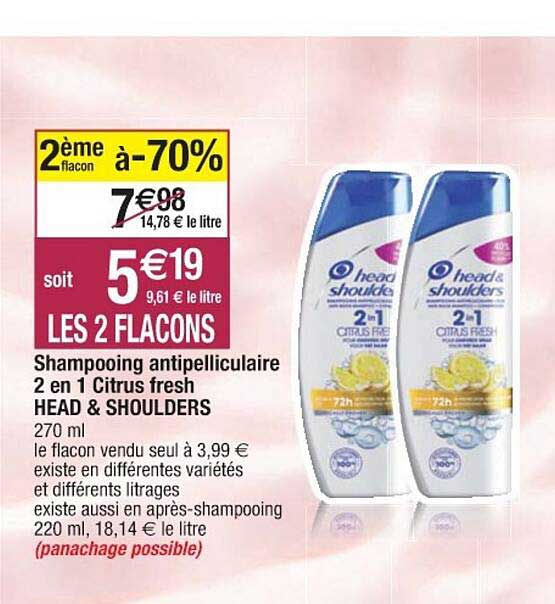 shampooing antipelliculaire 2 en 1 citrus fresh head & shoulders