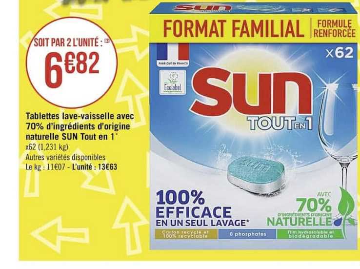tablettes lave-vaisselle avec 70% d'ingrédients d'origine naturelle sun tout en 1
