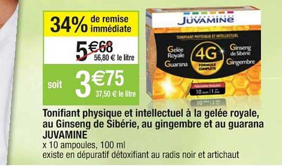 tonifiant physique et intellectuel à la gelée royale, au ginseng de sibérie, au gingembre et au guarana juvamine